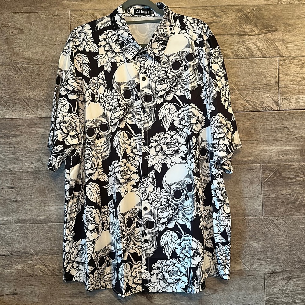 Atlanl XXL Men's Punk Rock Crown Floral Skull Print Short Sleeve Shirt